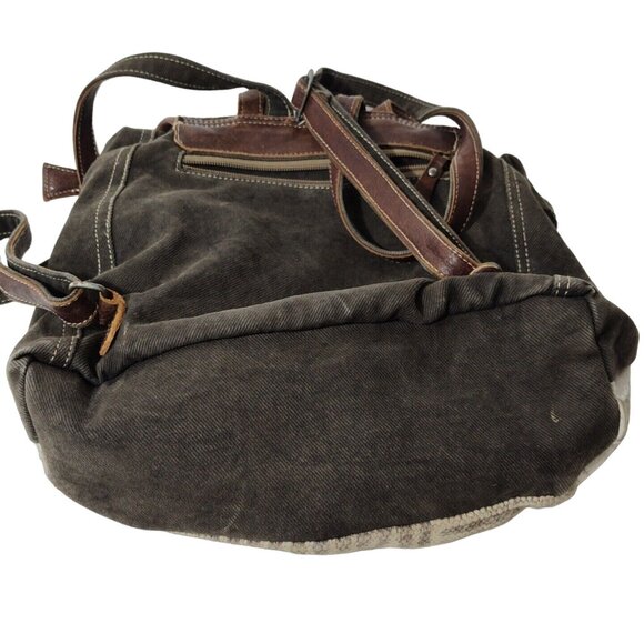 Myra Bag Brown Canvas Flap Messenger Backpack Cow Print Western Woven - Picture 7 of 16